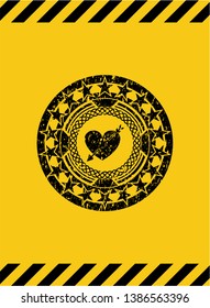 heart with arrow icon black grunge emblem, yellow warning sign. Vector Illustration. Detailed.