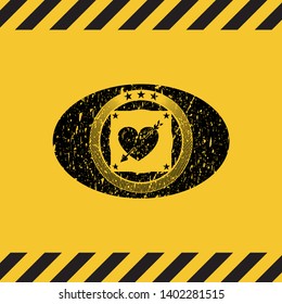 heart with arrow icon black grunge emblem, yellow warning sign. Vector Illustration. Detailed.
