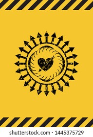 heart with arrow icon black grunge emblem inside yellow warning sign. Vector Illustration. Detailed.