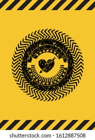 heart with arrow icon black grunge emblem, yellow warning sign. Vector Illustration. Detailed.