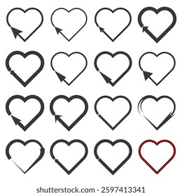 Heart arrow icon. Cursor direction symbol. Romantic click vector. Black outline shape. EPS 10.