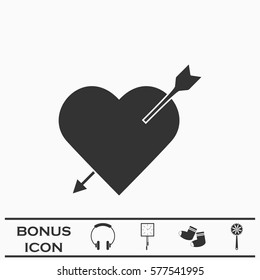 Heart with arrow icon flat. Black pictogram on white background. Vector illustration symbol and bonus button