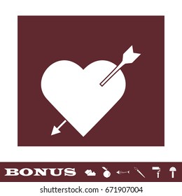 Heart with arrow icon flat. White pictogram on brown background. Vector illustration symbol and bonus icons