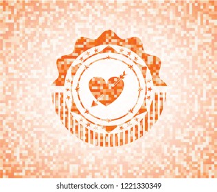 heart with arrow icon inside abstract orange mosaic emblem
