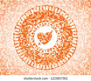 heart with arrow icon inside abstract orange mosaic emblem with background