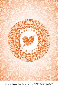 heart with arrow icon inside abstract orange mosaic emblem