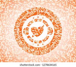 heart with arrow icon inside abstract orange mosaic emblem with background