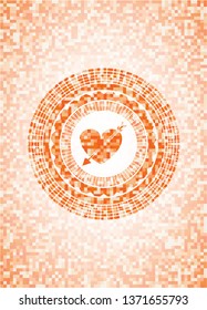heart with arrow icon inside abstract orange mosaic emblem with background