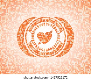 heart with arrow icon inside abstract orange mosaic emblem with background
