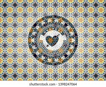 heart with arrow icon inside arabesque emblem background. arabic decoration.