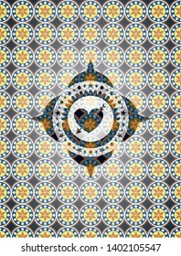 heart with arrow icon inside arabesque badge background. arabic decoration.