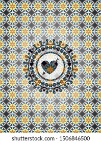 heart with arrow icon inside arabic badge background. Arabesque decoration.