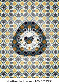 heart with arrow icon inside arabic badge background. Arabesque decoration.