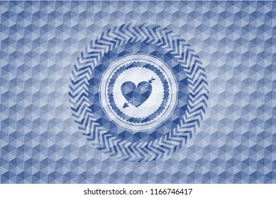 heart with arrow icon inside blue polygonal emblem.