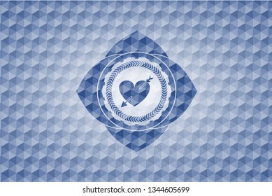 heart with arrow icon inside blue emblem with geometric pattern.