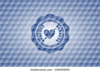 heart with arrow icon inside blue polygonal badge.