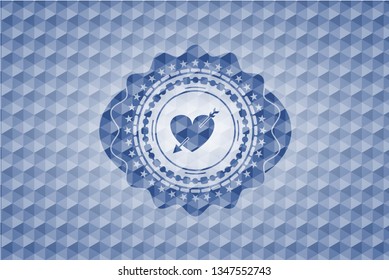 heart with arrow icon inside blue hexagon emblem.