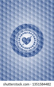 heart with arrow icon inside blue badge with geometric background.