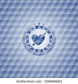 heart with arrow icon inside blue hexagon badge.