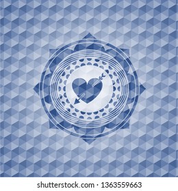 heart with arrow icon inside blue emblem with geometric pattern background.