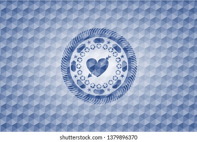 heart with arrow icon inside blue hexagon badge.