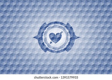 heart with arrow icon inside blue emblem or badge with abstract geometric polygonal pattern background.