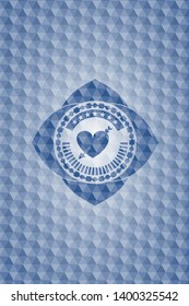 heart with arrow icon inside blue hexagon badge.