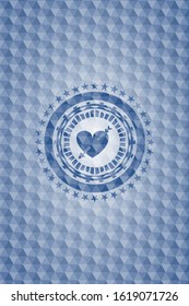 heart with arrow icon inside blue emblem or badge with geometric pattern background.