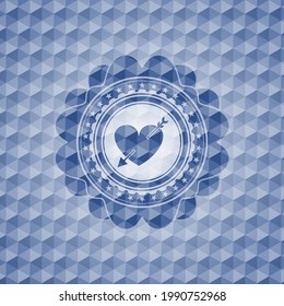 heart with arrow icon inside blue emblem or badge with geometric pattern background. 