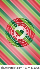 heart with arrow icon inside christmas colors style emblem.