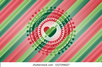 heart with arrow icon inside christmas colors style emblem.