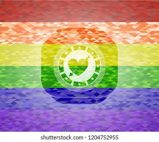 heart with arrow icon inside emblem on mosaic background with the colors of the LGBT flag