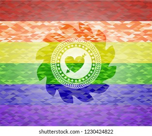 heart with arrow icon inside emblem on mosaic background with the colors of the LGBT flag