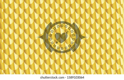 heart with arrow icon inside gold badge or emblem. Scales pattern. Vector Illustration. Detailed.
