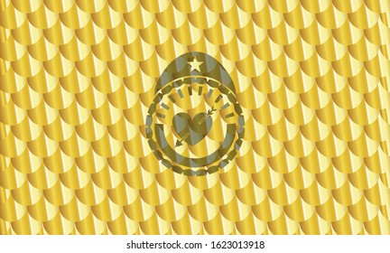 heart with arrow icon inside gold shiny emblem. Scales pattern. Vector Illustration. Detailed.