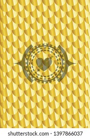 heart with arrow icon inside golden emblem or badge. Scales pattern. Vector Illustration. Detailed.