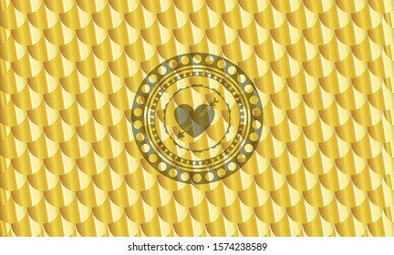 heart with arrow icon inside golden badge. Scales pattern. Vector Illustration. Detailed.
