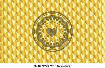 heart with arrow icon inside golden badge. Scales pattern. Vector Illustration. Detailed.