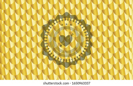 heart with arrow icon inside golden badge. Scales pattern. Vector Illustration. Detailed.
