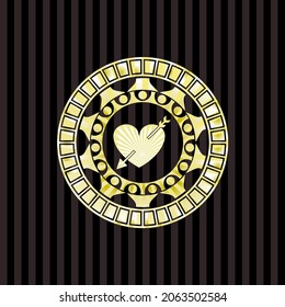 heart with arrow icon inside golden emblem or badge. 