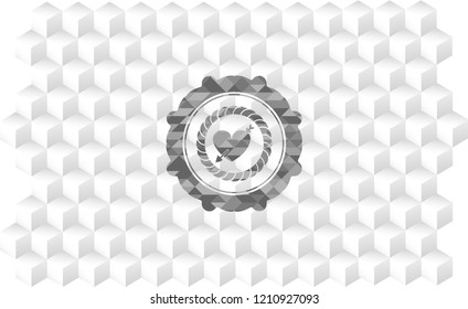 heart with arrow icon inside grey badge with geometric cube white background