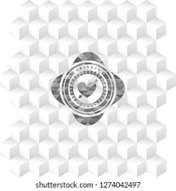 heart with arrow icon inside grey icon or emblem with geometric cube white background