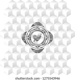 heart with arrow icon inside grey emblem with cube white background