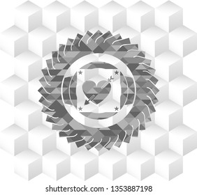 heart with arrow icon inside grey emblem. Vintage with geometric cube white background