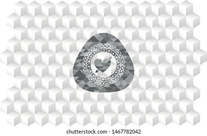 heart with arrow icon inside grey icon or emblem with geometric cube white background