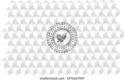 heart with arrow icon inside grey badge with geometric cube white background. 