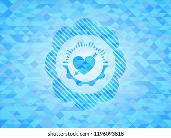 heart with arrow icon inside light blue emblem with mosaic background