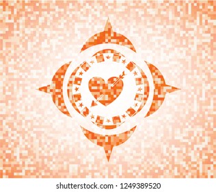 heart with arrow icon inside orange tile background illustration. Square geometric mosaic seamless pattern with emblem inside.