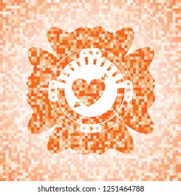 heart with arrow icon inside orange tile background illustration. Square geometric mosaic seamless pattern with emblem inside.