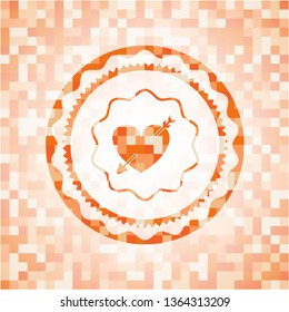 heart with arrow icon inside orange mosaic emblem with background